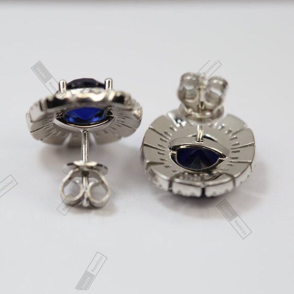 .925 Sterling Silver Oval Earrings with Sapphire-Tone CZ. - Picture 5 of 8